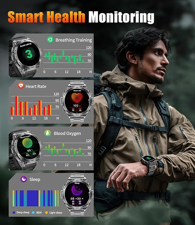 EF16 Smart Watch for Men with LED Flashlight, 1.6" AMOLED Fitness Tracker Watches, 600mAh Battery/2 Straps/100+ Sports/IP68 Waterproof/Bluetooth Call Smartwatch for Android iPhone Compatible