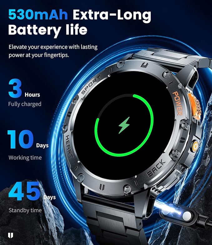 Smart Watches for Men for Android/iPhone(3 Straps),1.43’’ Amoled Display Sport Watch with 123 Sport Modes/FlashLight,5ATM Waterproof Fitness Tracker with Blood Pressure /Heart Rate/Sleep Monitor,Metal