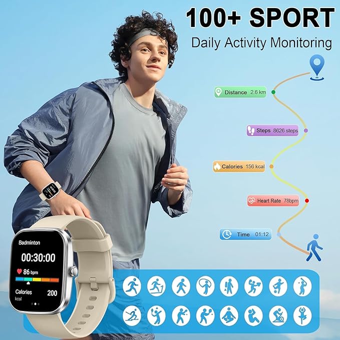 Smart Watch(Answer/Make Call), 1.91" Smartwatch for Men Women, 2025 New Fitness Watch with 110+ Sport Modes, Fitness Activity Tracke with Pedometer/Sleep Monitor/Heart Rate/IP68 Waterproof, Beige