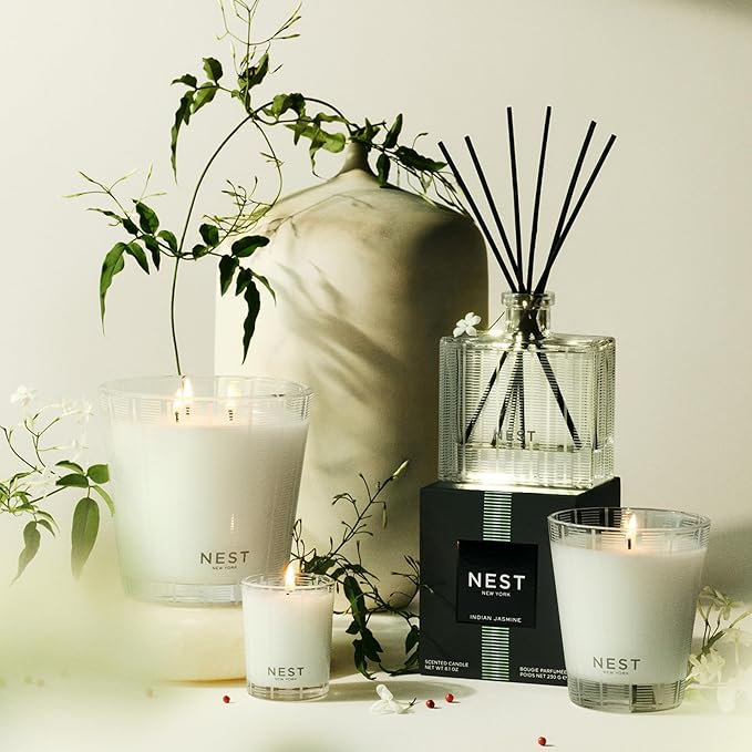 NEST New York Reed Diffuser, Indian Jasmine - 5.9 fl oz - Fragrance for Up to 90 Days - Reusable, Refillable Glass Holder - Includes 8 All-Natural Reed Sticks - Flame Free