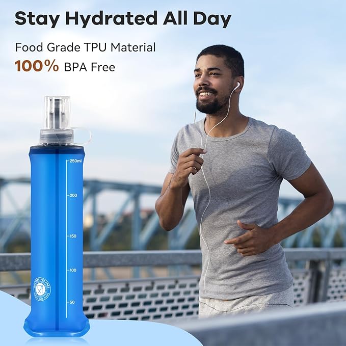 2Pack Soft Flask, 8.5oz Collapsible Soft Water Bottle, 250ml Foldable TPU Bottles for Hydration Pack BPA-Free, Running Lightweight Water Bottle for Hiking Cycling Climbing Running