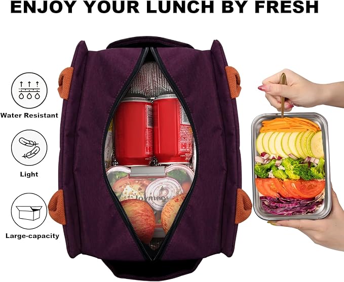 Joymee Lunch Bag Women Insulated Lunch Box Reusable Leakproof Large Spacious Cooler Tote for Women Men Adult with Bottle Holder and Side Pockets for Work Office Travel Picnic - Dark Purple