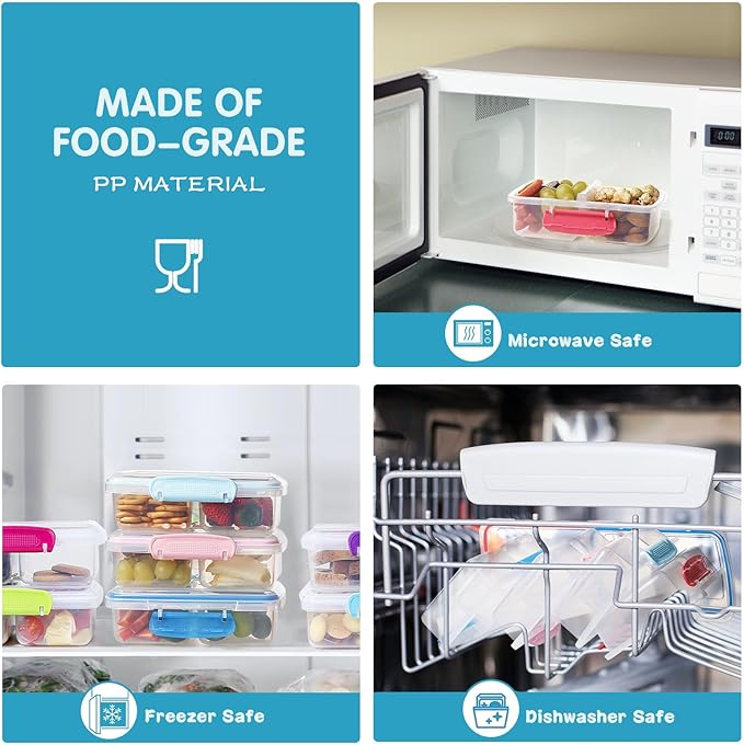 4 Pack Plastic Snack Containers with Lids, 2 Compartment Food Container for Kids Snack Box, Travel Bento Lunch Containers with forks for Fruits/Candies, Divided Food Storage Containers for School