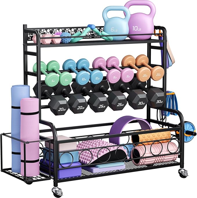 400LBS Dumbbell Rack, VOPEAK Adjustable Weight Rack for Home Gym, Home Gym Storage Rack for Yoga Mat Kettlebells and Strength Training Equipment, Weight Storage Rack for Dumbbells with Wheels