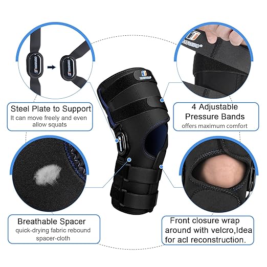 16inch Tall Hinged Knee Brace with Full Support,4 Compression Straps, 2 Metal Stabilizers,Breathe Air Spacer Drytex Wrap for Knee Pain Relief,ACL,Arthritis,Meniscus(M fit Upper 20-23"/Lower 15-17")