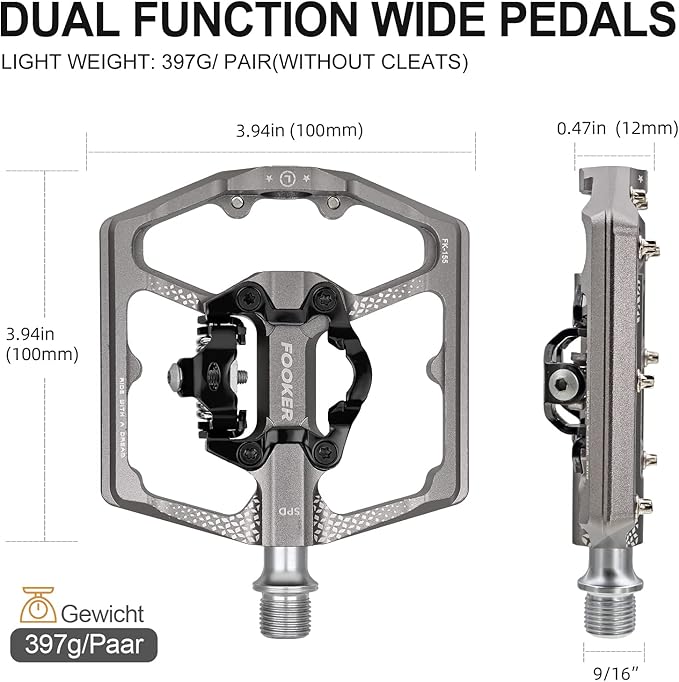 FOOKER MTB Mountain Bike Pedals, Dual Function Flat and Pedal,3 Sealed Bearing Flat Platform Compatible with Clipless Pedal Aluminum 9/16" Pedals with Cleats for Road Mountain BMX MTB