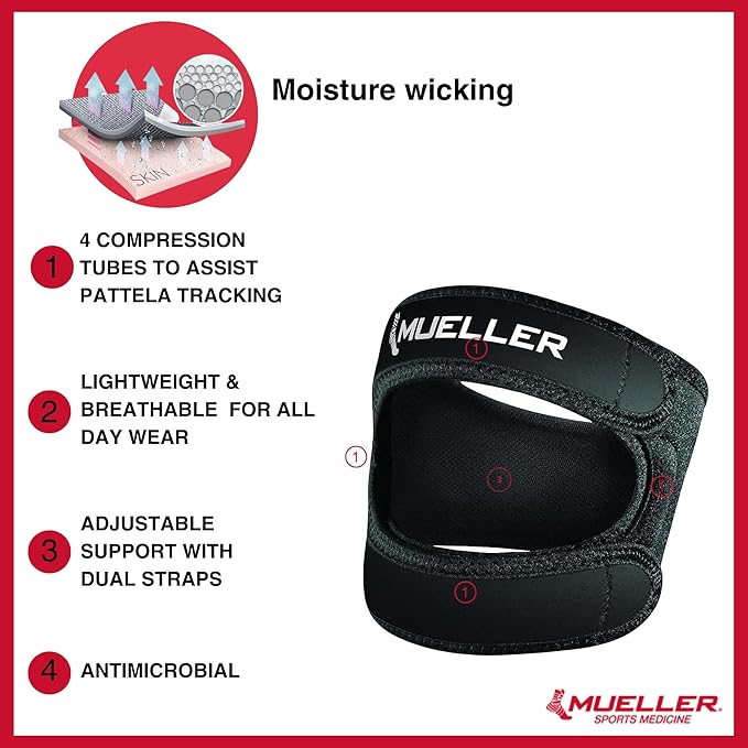 MUELLER Sports Medicine Adjustable Max Knee Single Strap for Men and Women, Compression & Pain Relief Support for Osgood-Schlatter's, Runner's Knee, Patellar Tendinitis, Black
