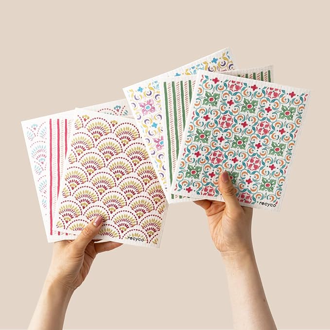 RECYCO Swedish Dishcloths for Kitchen | 6 Pack Boho Mosaic Bliss Washable Dish Rags | Cellulose Reusable Cleaning Paper Towels | Absorbent Counter Dish Cloth Sponge Kitchen Wipes, 8" L x 7" W