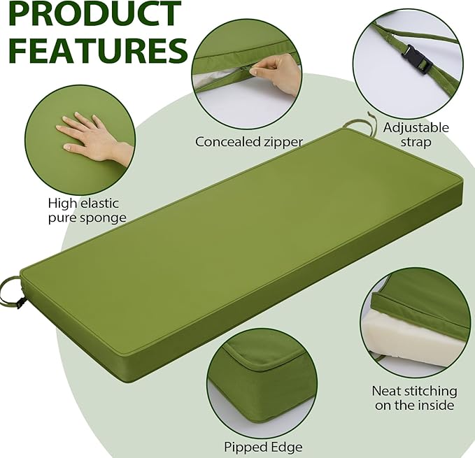 Outdoor Bench Cushion 48x18x3 Inch with Ties, Thick Waterproof Porch Swing Cushions for Patio Furniture Chair Pad, Seat Sofa Garden Replacement Cushion Sponge Filling