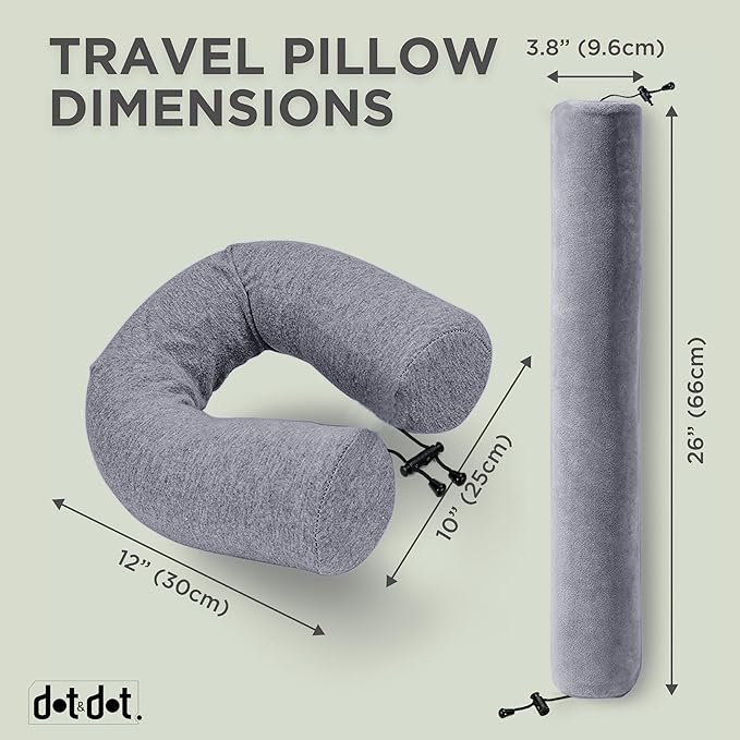 Dot&Dot Twist Memory Foam Travel Pillow for Airplanes - Travel Neck Pillow for Sleeping - Airplane Pillow for Neck Support, Chin, Lumbar and Leg - Adjustable, Bendable Neck Roll Pillow (Gray DBlue AC)