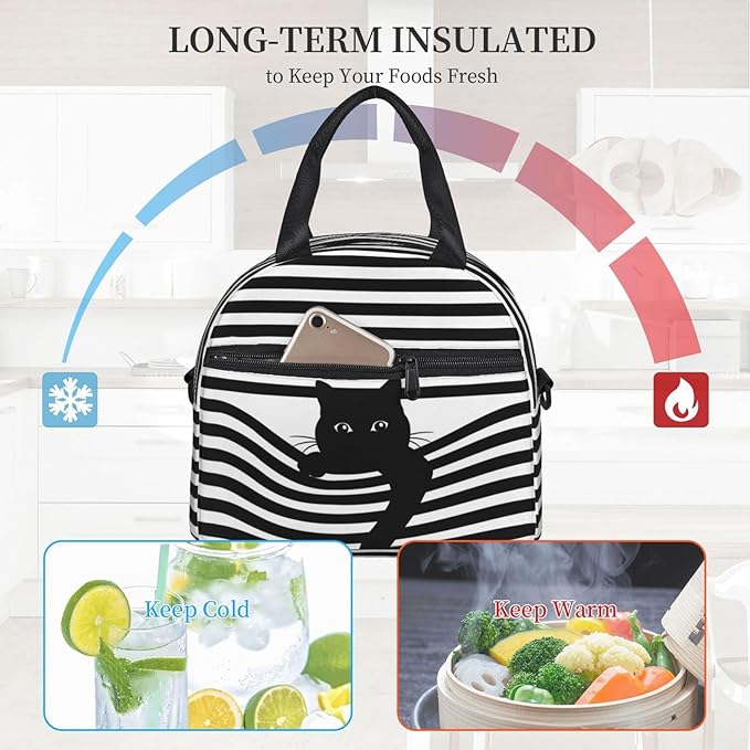 Black Cat Reusable Insulated Lunch Box Waterproof Lunch Bag with Detachable and Adjustable Shoulder Strap for Office Picnic or Travel