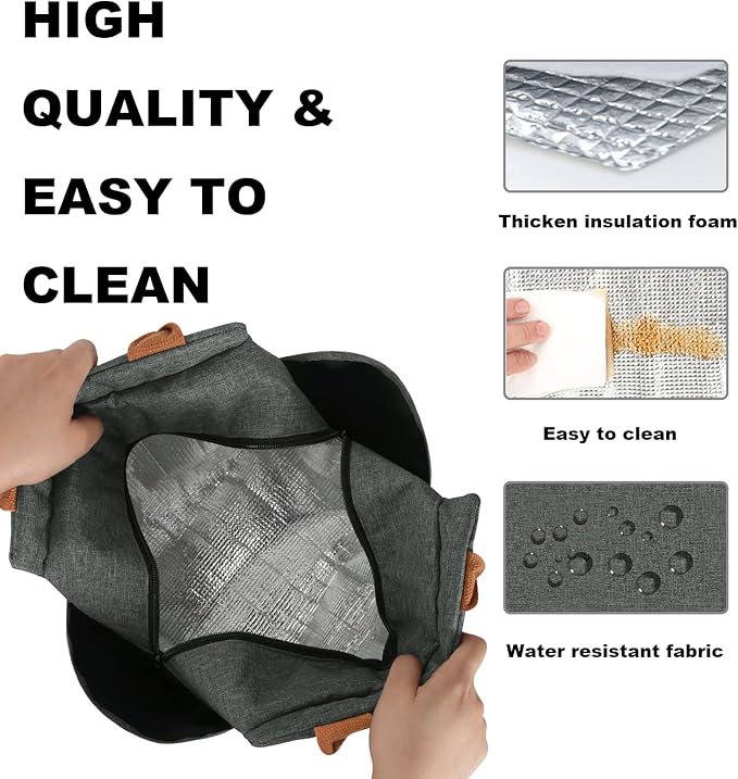 Joymee Lunch Bag Women Insulated Lunch Box Reusable Leakproof Large Spacious Cooler Tote for Womens Mens Adults with Bottle Holder and Side Pockets for Work Office Travel Picnic -Charcoal Gray