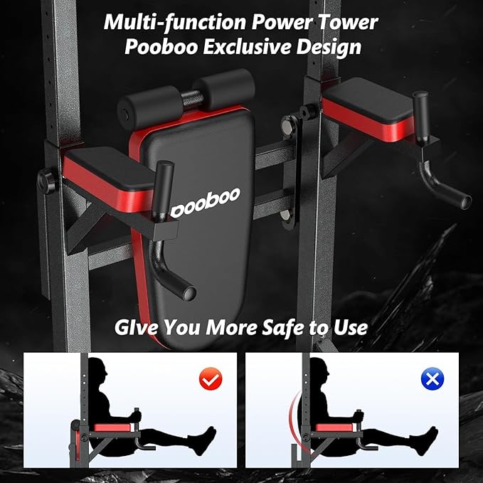 Pooboo Power Tower Dip Station Pull Up Bar for Fitness Home Gym Workout,Multi-Function Adjustable Height Fitness Strength Training Exercise Equipment,with Power Elastic Ropes