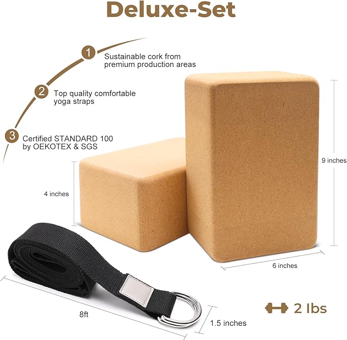 Cork Yoga Blocks 2 Pack Set -Natural Cork from Portugal, 9"x6"x4" Yoga Blocks Non-Slip&Anti-Tilt for Women| Men, Lightweight, Odor-Resistant| Moisture-Proof, Perfect Yoga Equipment