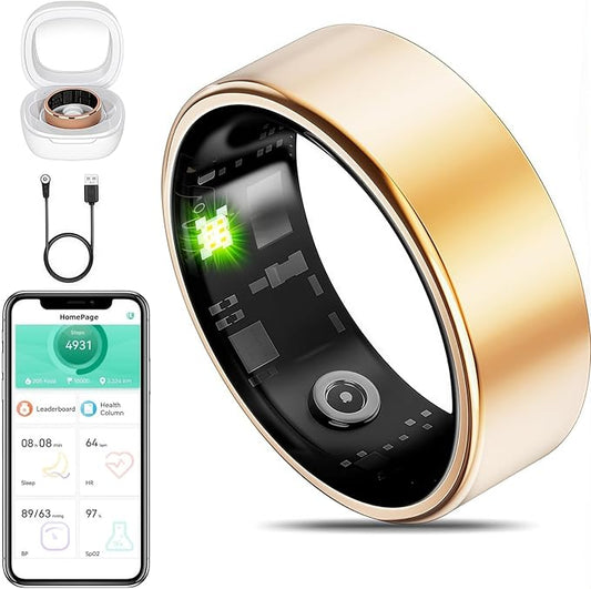 Smart Ring Fitness Tracker for iOS & Android – Sleep Monitor Heart Rate Blood Oxygen & Pressure 8 Sports Modes IP68 Waterproof NO Subscription Long Battery Life (Champagne Gold, 6#)