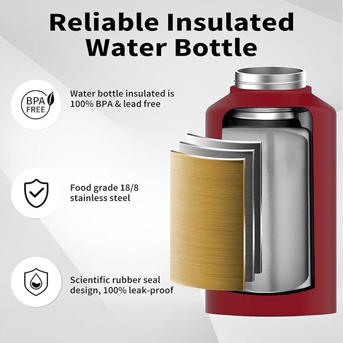 2/3 Gallon Water Bottle Insulated(Cold for 48 Hrs),BPA Free&Leak Proof,87oz Stainless Steel Water Jug/Flask,Big thermo,Large Water Bottle with Handle for Gym,Hiking,Camping,Red