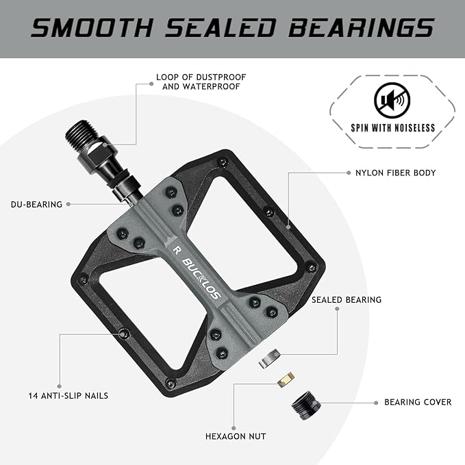 BUCKLOS MTB Flat Pedals Mountain Bike Pedals, 3 Bearings CNC Adult Road Bike Pedals, Bicycle Platform Aluminum Alloy Non-Slip Pedal for Gravel Bike/BMX 9/16"(Black)