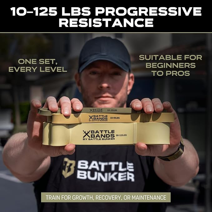 Battle Bunker Premium Resistance Bands - Natural Exercise Bands for Strength Training, Pull-Ups & Recovery - Fitness Band for Home, Gym & Mobility Workouts- Crush Your Goals Anytime- 3-Pack- 10-125lbs
