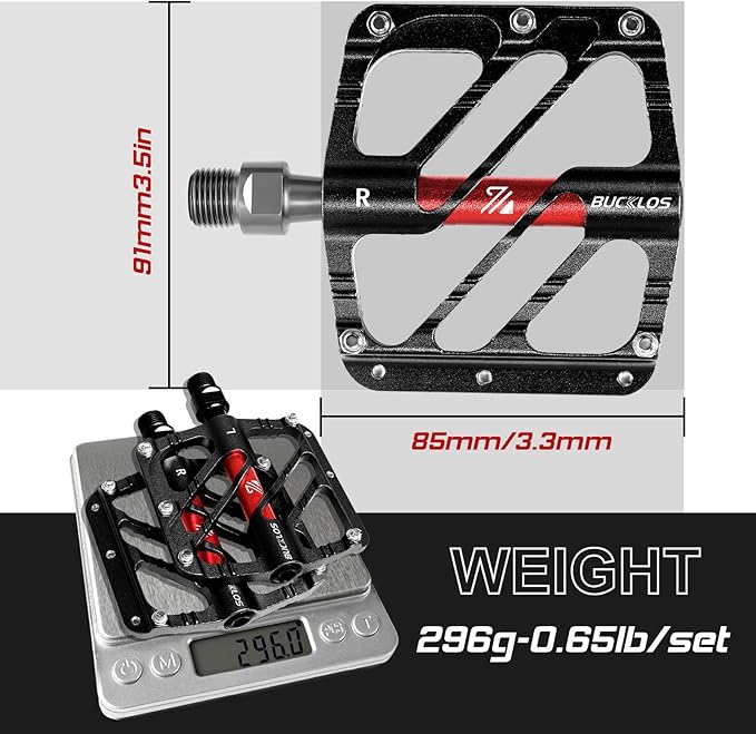 BUCKLOS MTB Flat Pedals Mountain Bike Pedals, 3 Bearings CNC Adult Road Bike Pedals, Bicycle Platform Aluminum Alloy Non-Slip Pedal for Gravel Bike/BMX 9/16"(Black)