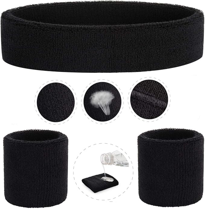 ONUPGO 6 Pieces Sweatbands Set - Sports Headbands Wristbands for Men & Women,Cotton Terry Cloth Sweatband for Tennis,Basketball,Gym,Working Out - Moisture Wicking Elasticity