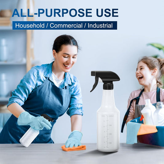 Veco Spray Bottle (2 Pack 16 Oz Black&Folded funnels) with Measurements and Adjustable Nozzle,HDPE Plastic Spray Bottles for Cleaning Solution,Household/Commercial/Industrial Use,No Leak and Clog