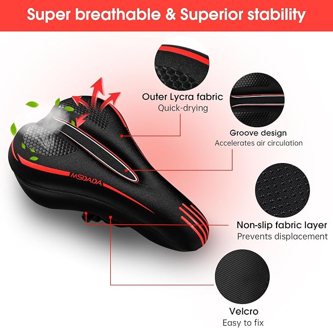 MSDADA Bike Seat Cushion Gel Padded Bike Seat Cover for Men & Women Comfort - Soft Bicycle Seat Cushion for Outdoor, Exercise/Spin/Stationary/Mountain/Road Bikes