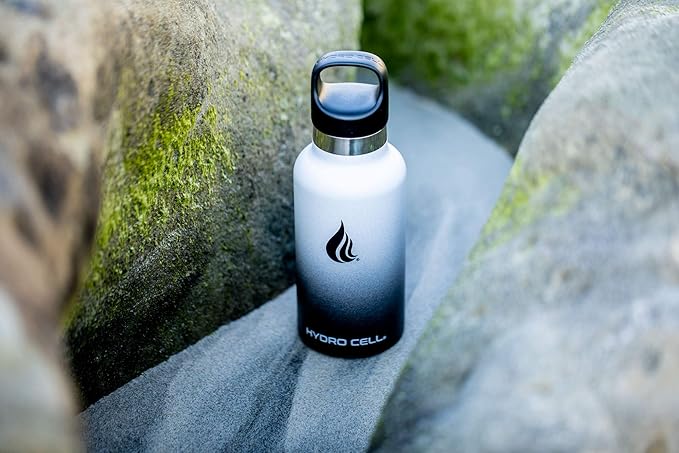 HYDRO CELL Stainless Steel Water Bottle with Straw & 2 Standard Mouth Lids (32oz 24oz 20oz 16oz) Keeps Liquids Hot or Cold w/Double Wall Vacuum Insulated Leak Proof Sport Design (Black/White 16oz)