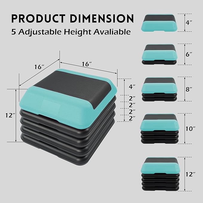 Fitvids Step Aerobic Platform, Exercise Step with 5 levels Adjustable Height, 4 Stackable Risers, Fitness Training Workout Stepper for Home Gym, Cardio Strength, Multiple Options