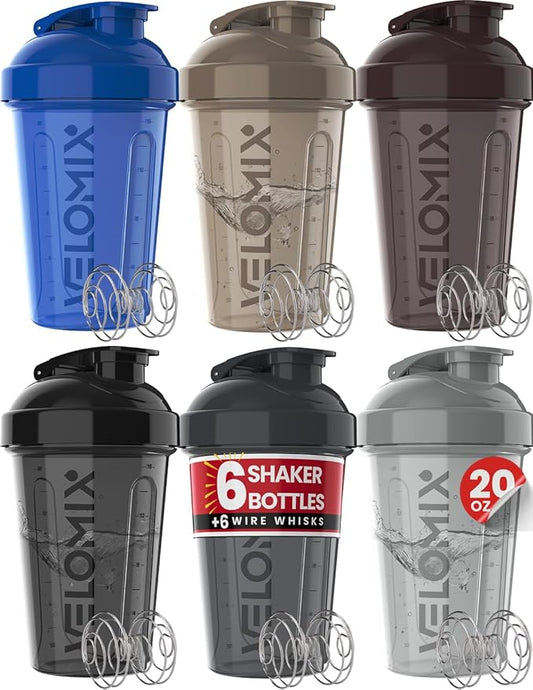-6 PACK- Shaker Cups for Protein Shakes 20 oz - 6x Wire Whisk | Leak Proof Protein Shaker Bottle for Protein Shakes, Shaker Bottle Pack for Pre & Post Workout, Shaker Cup (Modern Neutrals)