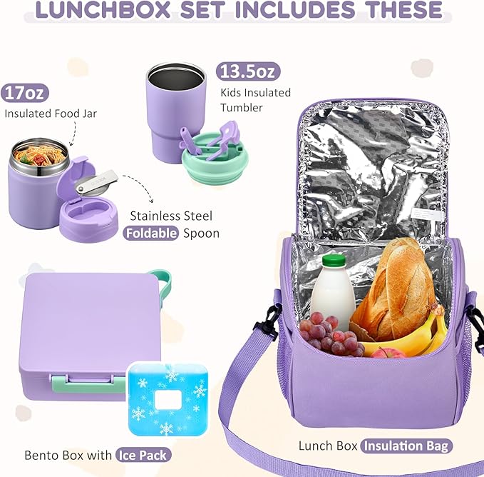 Lunch Box Set with Bento Box Container, 17OZ Stainless Steel Food Soup Thermo, Kids Water Bottle & Portable Insulated Lunch Bag – Leakproof, Hot/Cold Retention for School, Travel (Purple)