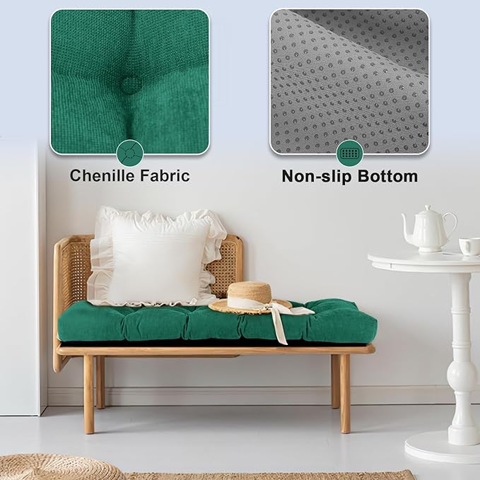 Bench Cushion 48 Inch - Chenille Fabric, High-Density Foam, Non-Slip Bottom, Soft Durable Indoor Tufted Long Seat Cushion for Window Garden Furniture (Forest Green, 48x16x4 Inch)