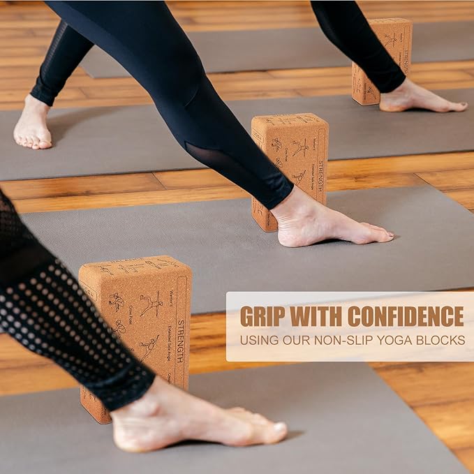 Cork Yoga Blocks 2 Pack Yoga Poses Teaching Cork Blocks, Suitable Poses for Beginners and Experts High Density Block with Non Slip Surface for Better Support, Balance Comfort (Beige)