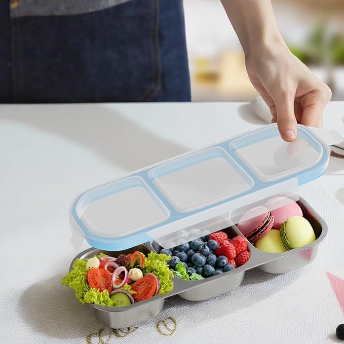 Stainless Steel Snack Containers for Kids Adults, 2 Pack 3 Compartment Metal Snack Containers Box with Lid, Reusable Food Storage Container, Leak Proof, Grab and Go, Blue