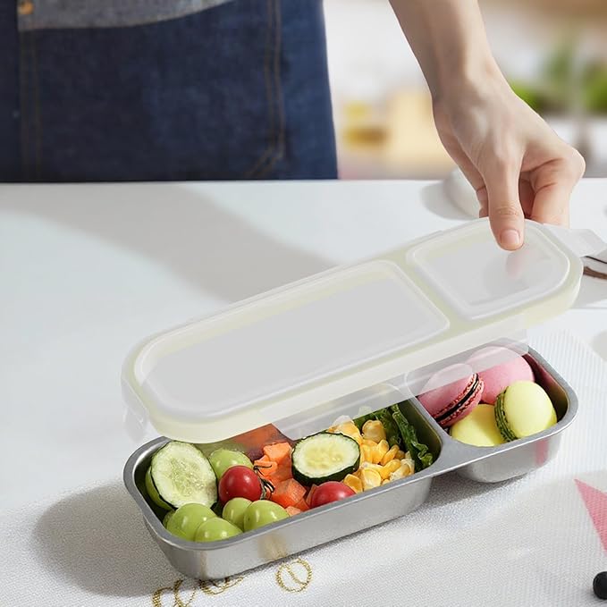 Stainless Steel Snack Containers for Kids Adults, 4 Pack 2 Compartment Metal Snack Containers Box with Lid, Reusable Food Storage Container, Leak Proof, Grab and Go