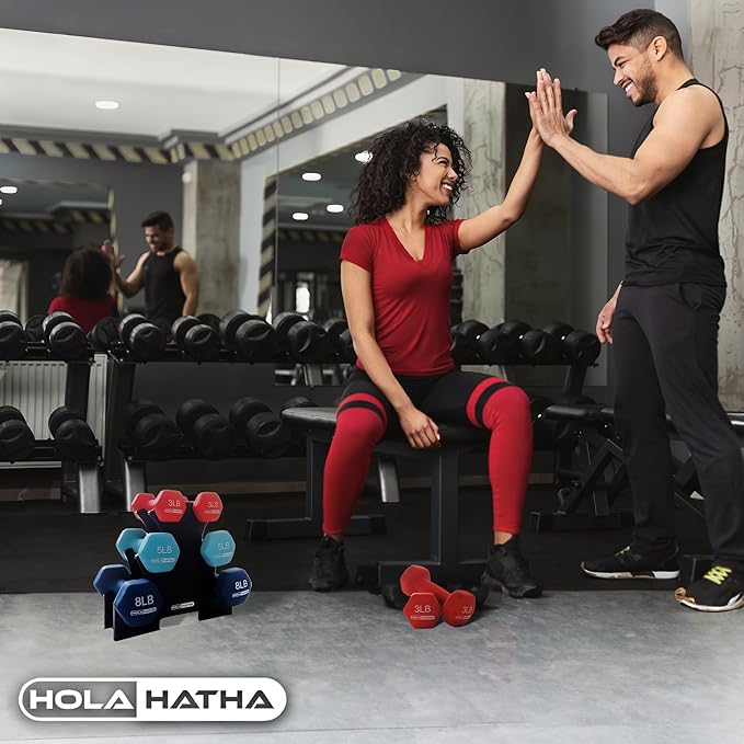 HolaHatha 2, 3, 5, 8, and 10 Pound Neoprene Dumbbell Free Hand Weight Set with Rack, Ideal for Home Exercises to Gain Tone and Definition, Pastel