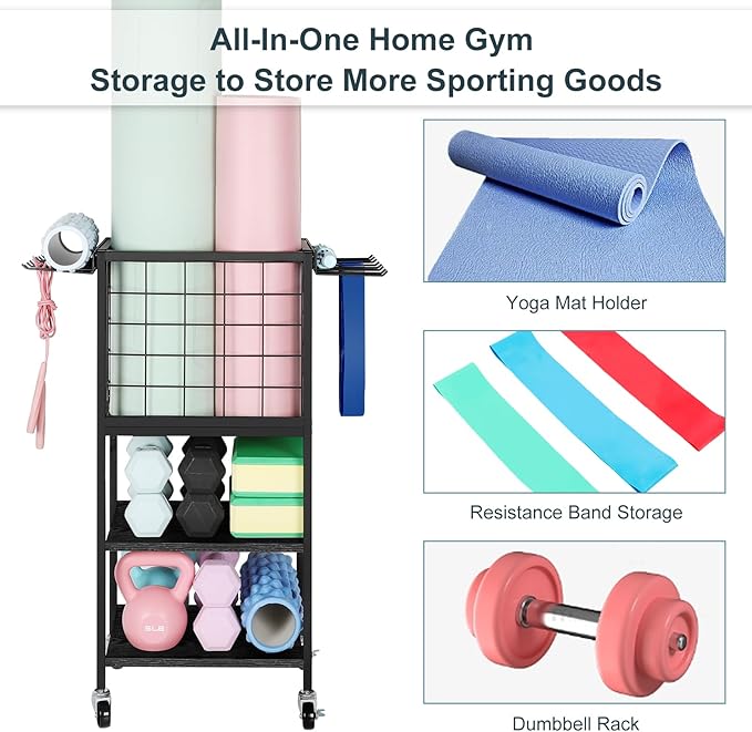 Weight Rack for Home Gym Dumbbells Yoga Mat Storage Rack Cart Small Metal Wood Home Gym Workout Equipment Storage with Hooks for Yoga Block Foam Rollers Resistance Bands