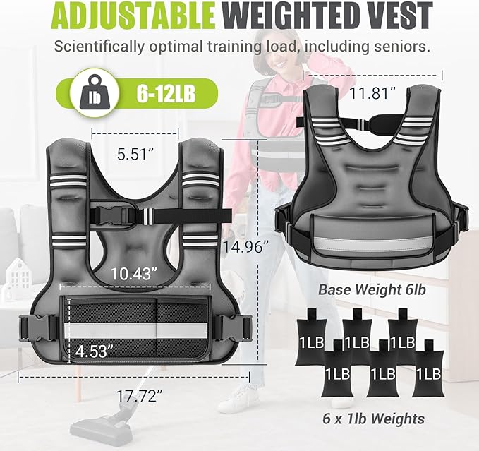 Adjustable Weighted Vest for Women,6-12lb U-Shaped Weight Vest with 6 Iron Sand Bags,Rucking Vest with Extended Shoulder Pads & Plus Pockets for Running, Walking and Strength Training