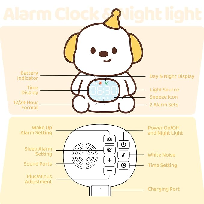 Dog Alarm Clock with Night Light for Kids with Sleep Training and Sound Machine, Rechargeable Silicone Lamp OK to Wake Clock,Cute Animal Tabletop Lamp, Perfect Sleep Companion for Boys Girls