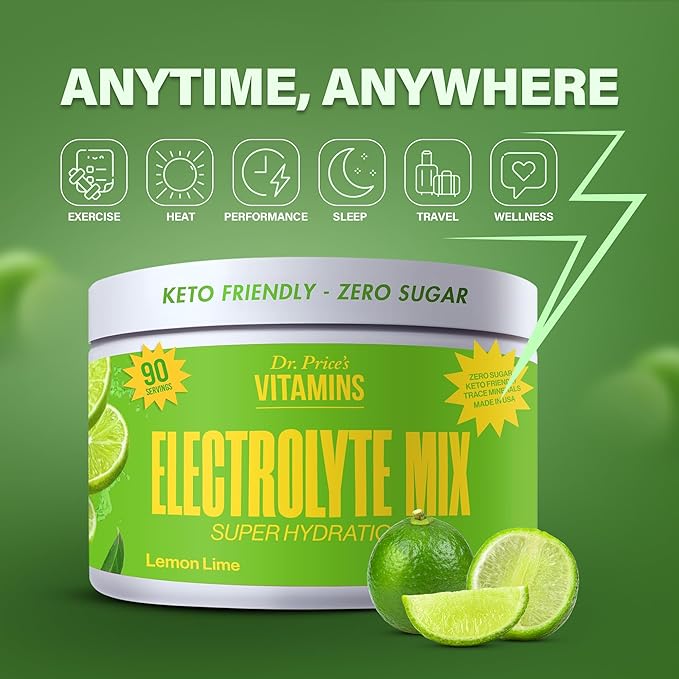 Dr. Price’s Electrolyte Mix | Sugar-Free Hydration Powder with 72+ Trace Minerals | No Sugar, Fast-Dissolving Electrolytes Powder Packets | Lemon-Lime, 90 Servings