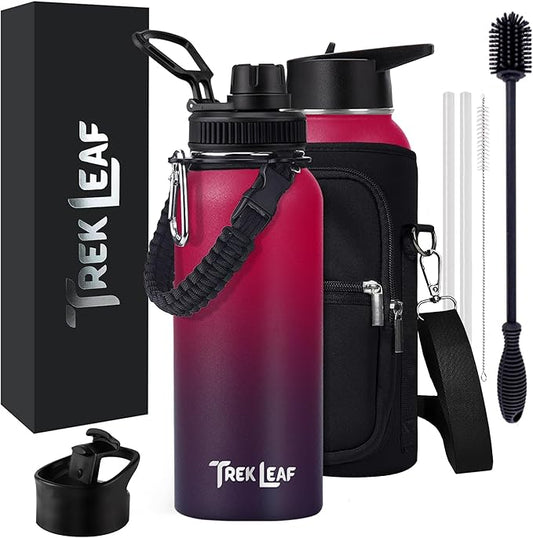 Travel Water Bottle with Carrying Bag, 3 Lids (Spout, Straw, Flip), and Bottle Brush; Leak Proof, Quality, Vacuum Insulated, Stainless Steel (Mixed Berry, 32 oz)