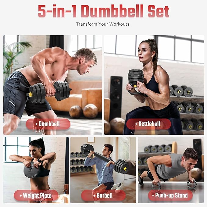 FEIERDUN Adjustable Dumbbells, 20/30/40/45/70/90lbs Free Weight Set with Connector, 5 in1 Dumbbells Set Used as Barbell, Kettlebells, Push up Stand, Weight Plate, Fitness Exercises for Home Gym Suitable Men/Women