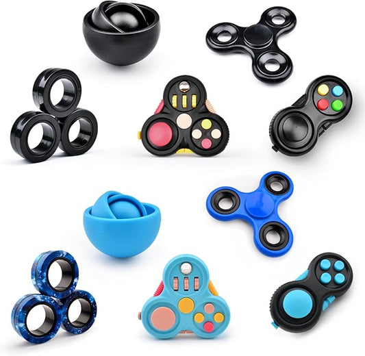 Fidget Toys Adults Pack 10Pcs,Fidget Spinner with Magnetic Rings Gyro,Fidget Controller Autism Sensory Toys,ADHD Stress Anxiety Desk Fidgets,Easter Basket Stuffers for Kids Teen Boys(BB)
