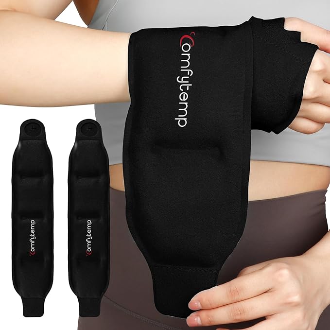 Comfytemp Wrist Ice Pack Wrap for Carpal Tunnel Relief, 2 Gel Packs, Hot Cold Compression Brace for Hand Injuries Reusable, Tenosynovitis, Men Women Gift (Black)