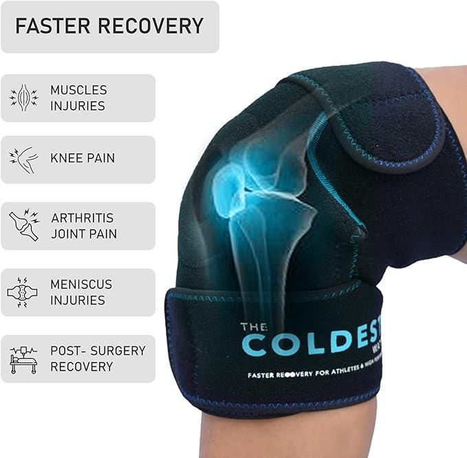 Coldest Knee Ice Pack Wrap, Hot and Cold Therapy - Reusable Compression for Meniscus Tear, Injury Recovery, Sprains, Swelling, Ice Packs After Surgery, Rheumatoid Arthritis, ICY Cold Brace - 2 Pack