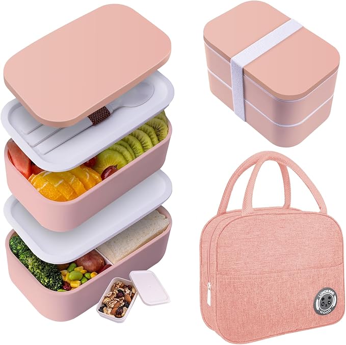 Bento Box Adult Lunch Box with lunch bag,Japanese Lunch Box Containers for Adult,Bento lunch Box with Leakproof 54OZ Pink