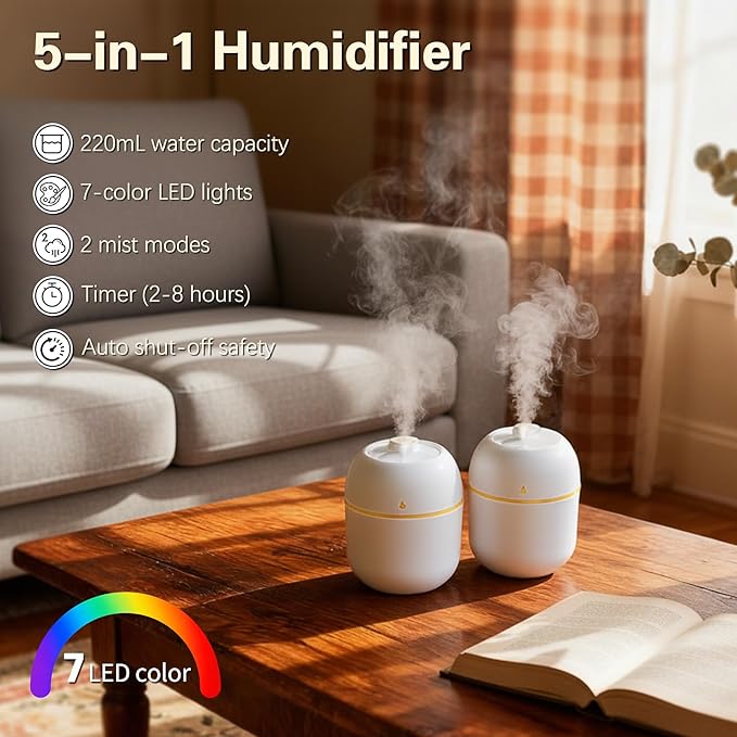 2 Pcs 220ML Small Diffuser Humidifier, Mini Aromatherapy Diffuser for Home, Office, Bedroom, Spa, Yoga Room, Car Air Humidifier with 5 Color Light, Timer, Auto Shut-Off, 2 Mist Modes -White