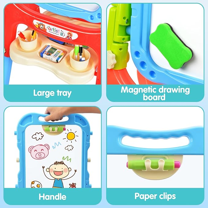 Amagoing Easel for Kids, Adjustable Standing Art Easel for Toddler, Double Side Drawing Board with Painting Accessories, Learning Toy Gift for Little Boys Girls Age 3 4 5, Blue