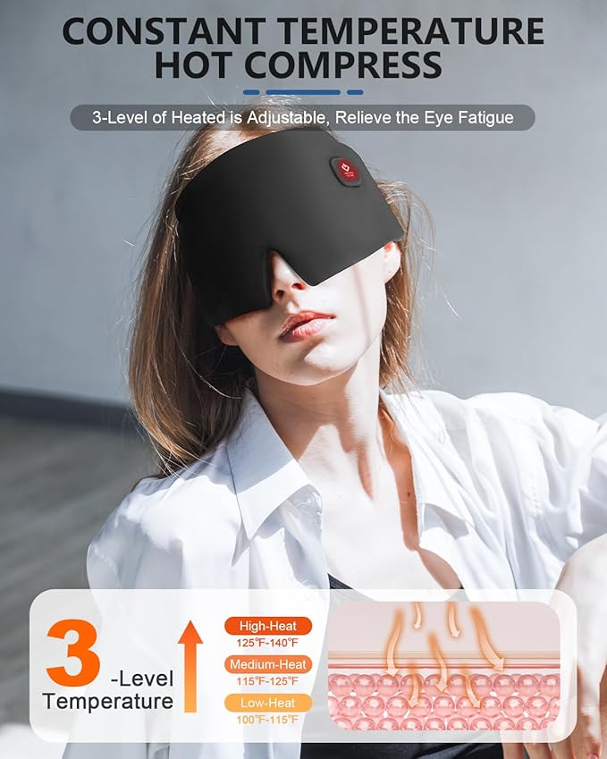 Silk Heated Eye Mask, 2000mAh Large Size Cordless Sleep Mask Warm Eye Compresses Electric Eye Heating Pad for Stye Blepharitis Dry Eyes Sinus Migraine Gifts for Men Woman (Black)