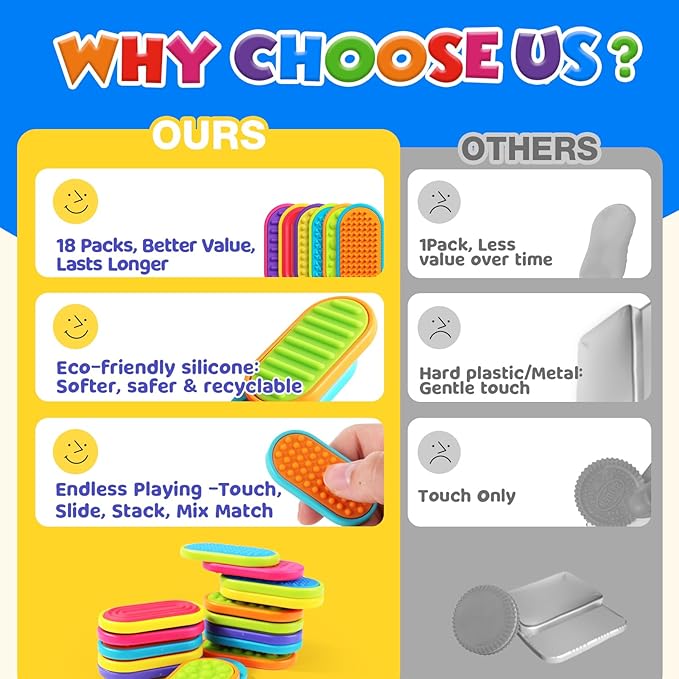 Sensory Fidget Magnet Toys for Kids: 18-Pack Textured Silicone Magnetic Sliders for Autism Children Classroom Must Haves, Treasure Box, Goodie Bags Stuffer Party Favors Fidgets Gifts