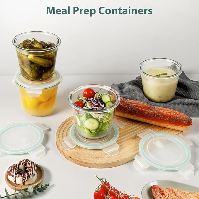 3 Cup Glass Meal Prep Containers With Turquoise Lids, Airtight 23oz glass Storage Container Set, Heat-Resistant BPA-Free for feeding the Southern Starter, Microwave, Dishwasher, Freezer Safe (6 Packs)